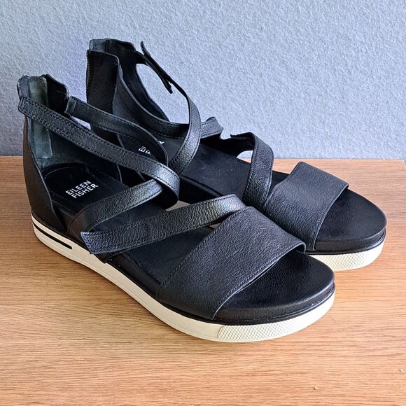 Eileen Fisher Sally Women’s 10 Black Leather Strappy Wedge Sandals Sport Shoes main image 7
